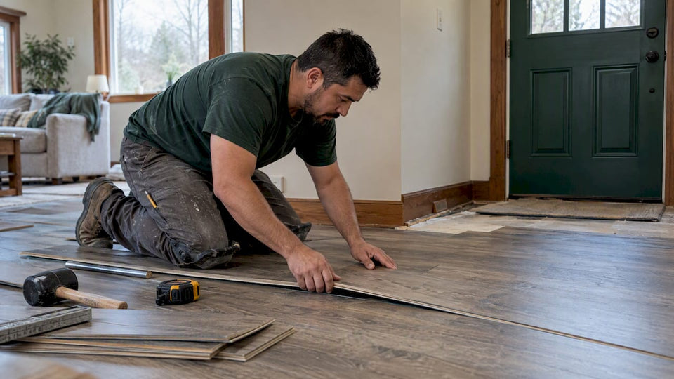 Installer fitting a floating floor in a home