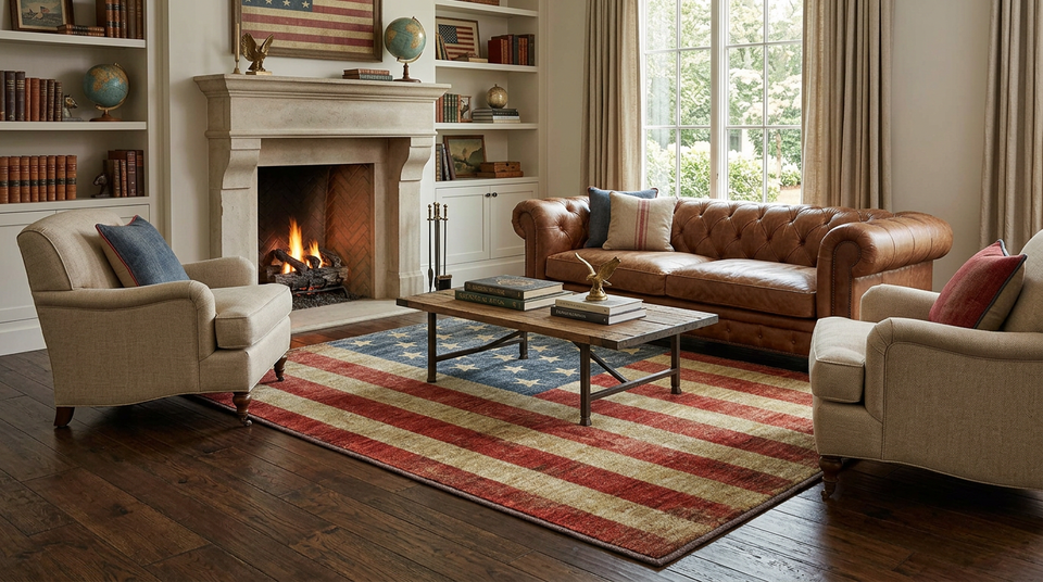 Discover the Americana AM1 washable area rug featuring a distressed American flag design. Durable, machine washable, and perfect for living rooms, cabins, and patriotic home décor.