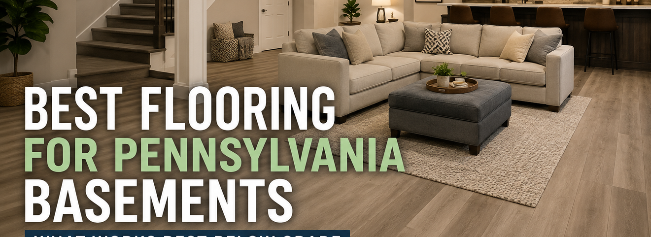 Finished Pennsylvania basement with waterproof luxury vinyl plank flooring and family room furniture